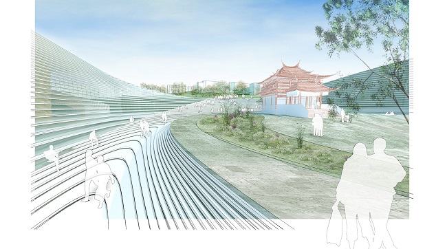 Impressie van de 'Spaanse Trappen' van het Xiamen Music Centre.